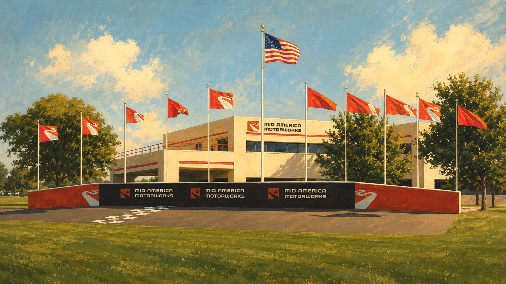 Custom illustrated portrait of Mid America Motorworks